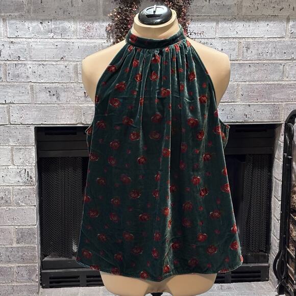 NWT Loft Shirred Floral Velvet Sleeveless Halter Top Size XL Green Flowy - Picture 2 of 7